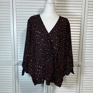 West Kei Dark Berry Leopard Print Faux Wrap Tie Sleeve High-low Blouse Women XL